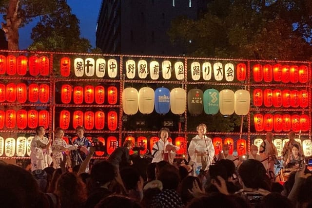 Outdoor cultural event with traditional lanterns and engaging performers at Nakano ZERO.