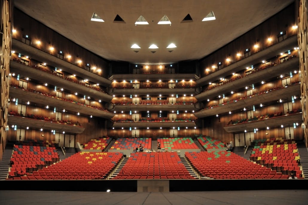 Recital Hall at Tokyo Bunka Kaikan with tiered seating for performances and conferences.