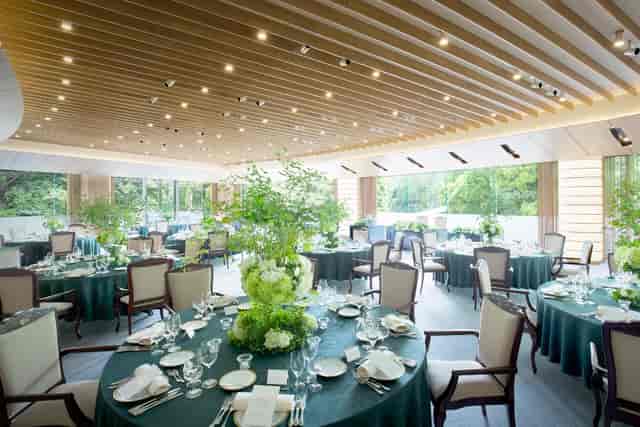 Elegant event space at Kinkei, featuring floral centerpieces for weddings and corporate events.