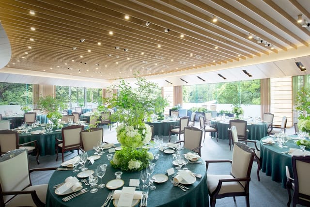 Elegant event space at Kinkei, featuring floral centerpieces for weddings and corporate events.