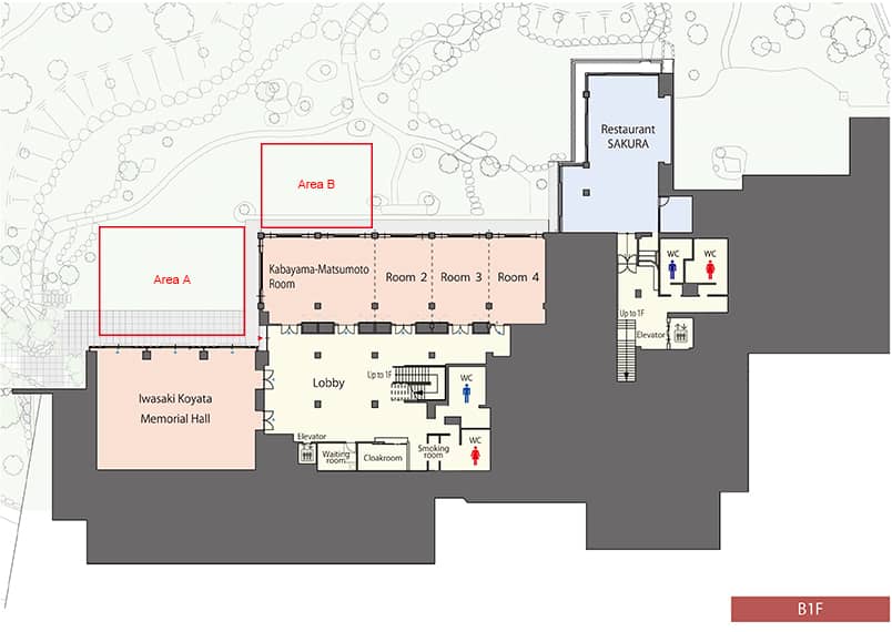 Iwasaki Koyata Memorial Hall floor plan for events, featuring main hall and breakout rooms.