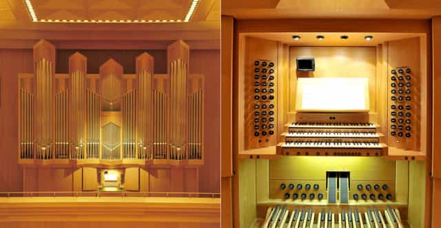 Stunning organ in Tokyo Opera City rehearsal room for concerts and events.