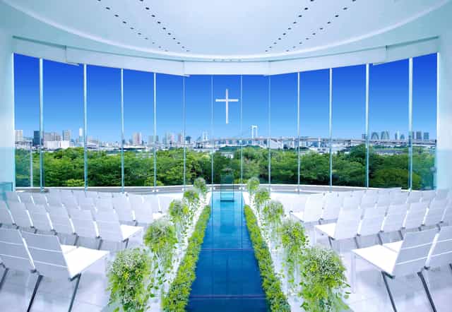Wedding chapel in Hilton Tokyo Odaiba with city view, ideal for weddings and events.