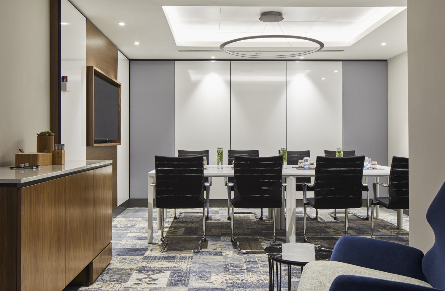 Modern meeting room at Cardiff Marriott with sleek furniture for professional events.