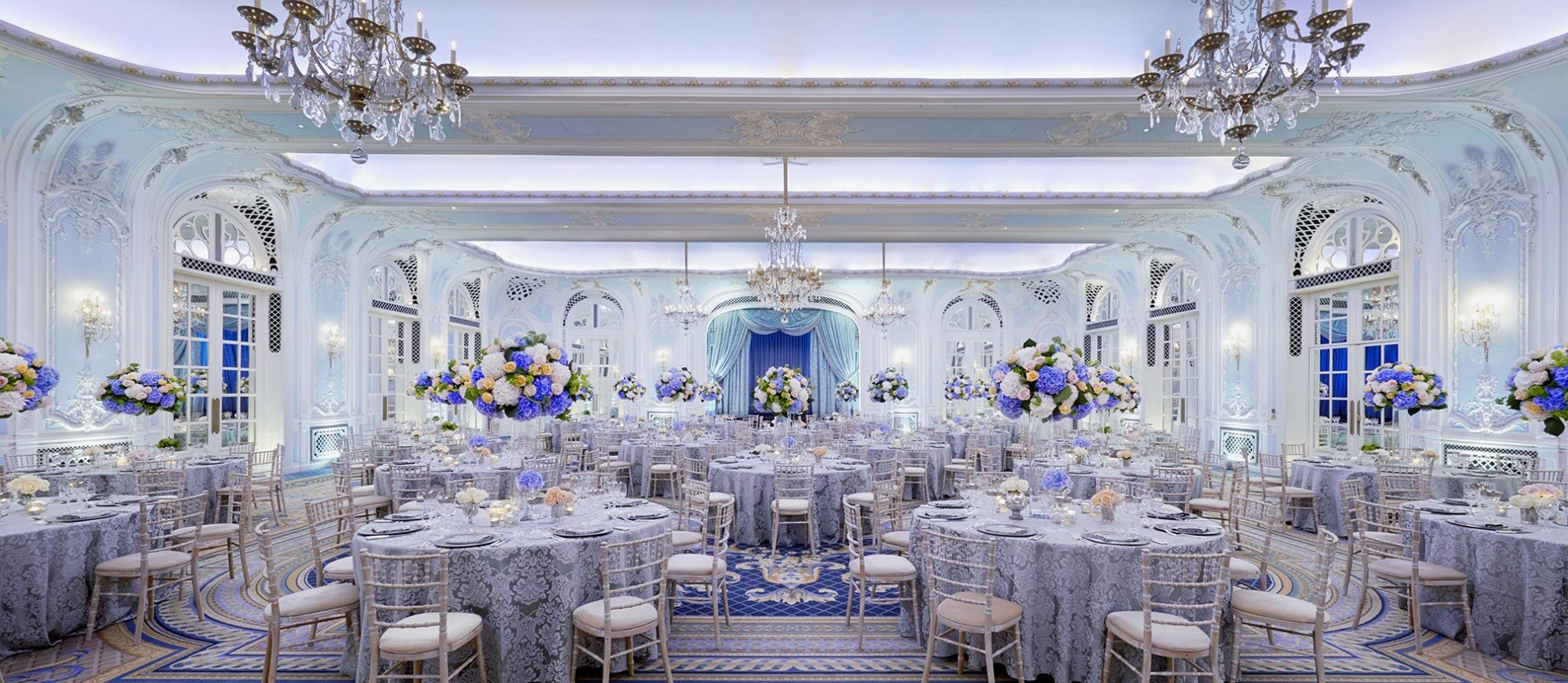 Elegant Lancaster Ballroom with crystal chandeliers, perfect for weddings and galas. - Banner