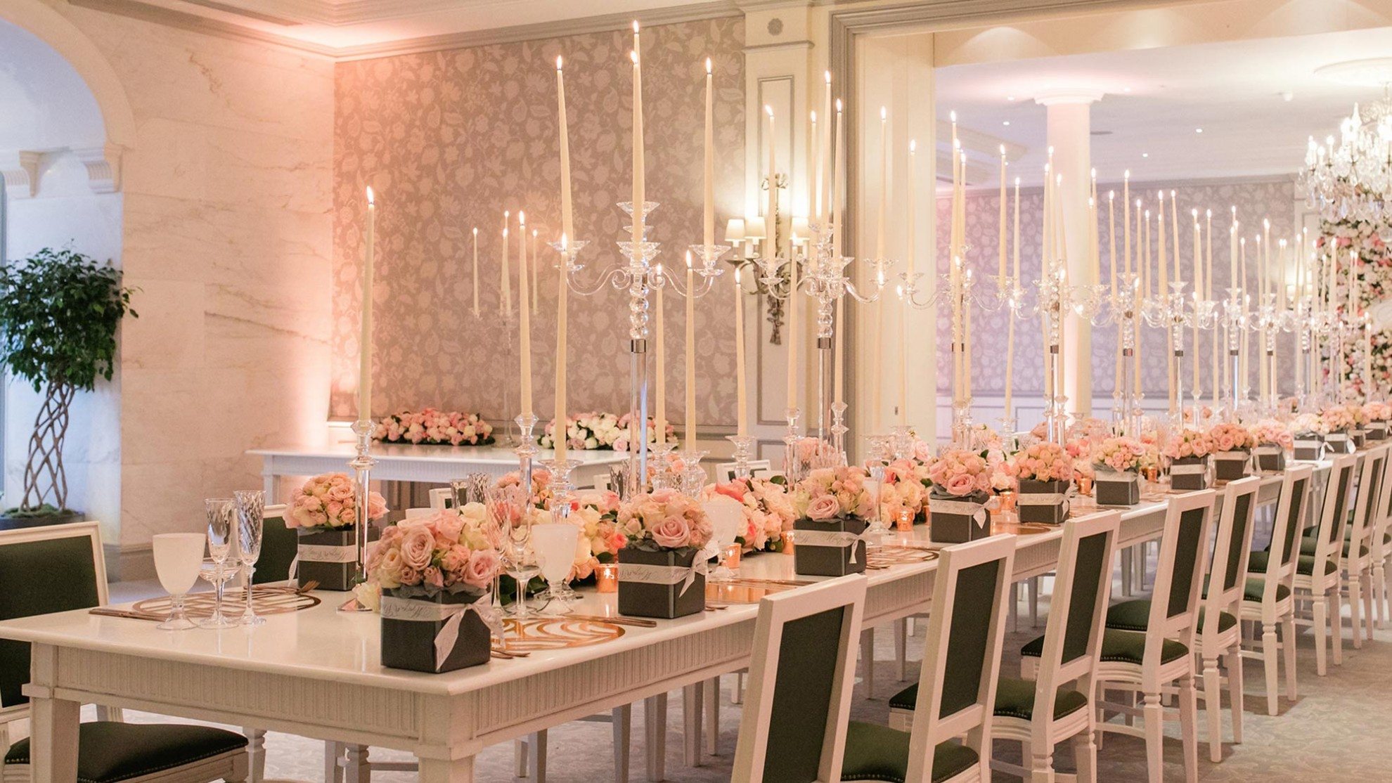 Elegant banquet table with floral centerpieces at The Savoy for weddings and corporate events. - Banner