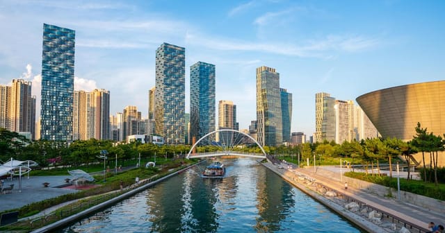 Incheon City Hall with modern skyscrapers, ideal for events and meetings by the waterfront.