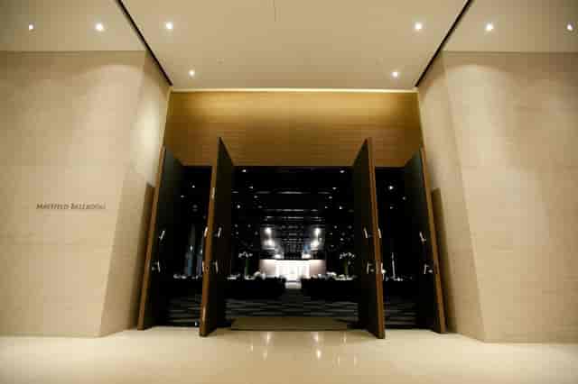 Mayfield Ballroom entrance with elegant lighting, perfect for weddings and gala events.