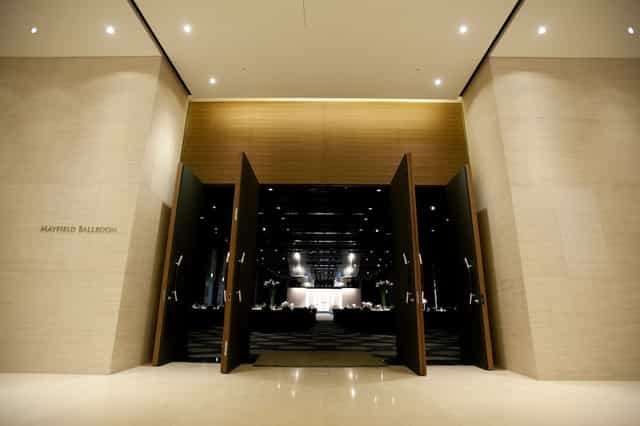 Mayfield Ballroom entrance with elegant lighting, perfect for weddings and gala events.