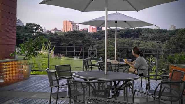 Outdoor meeting space at d·camp for startups, featuring shaded tables and lush greenery.