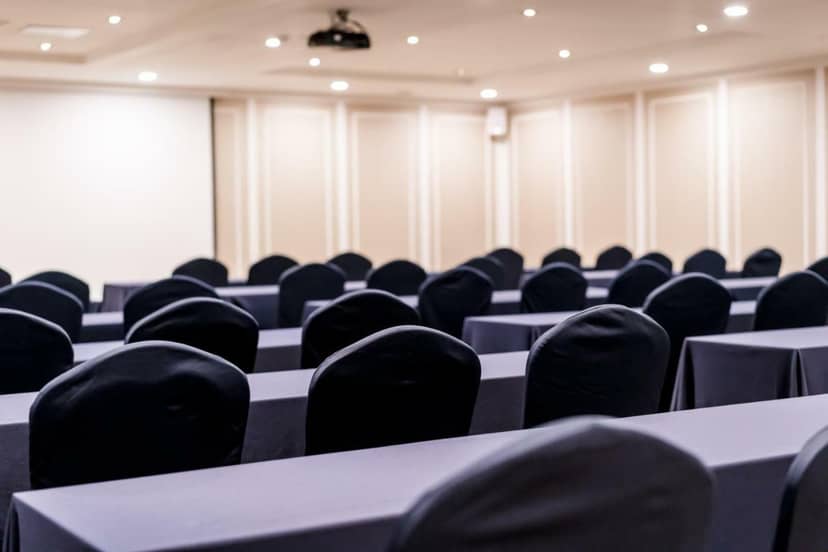 Grand ballroom at Hotel Atrium Jongno, ideal for conferences with organized tables and chairs.