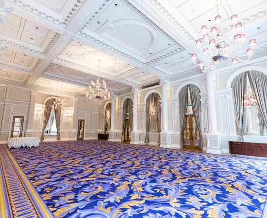 Elegant Ballroom in Corinthia London with high ceilings, ideal for upscale events.