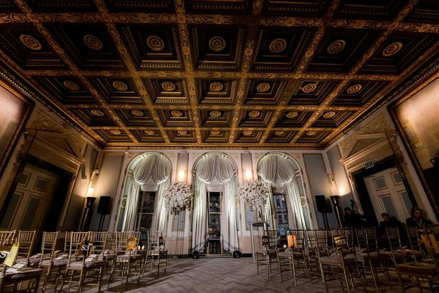 Elegant event space at The Langham, Boston with coffered ceiling for weddings.