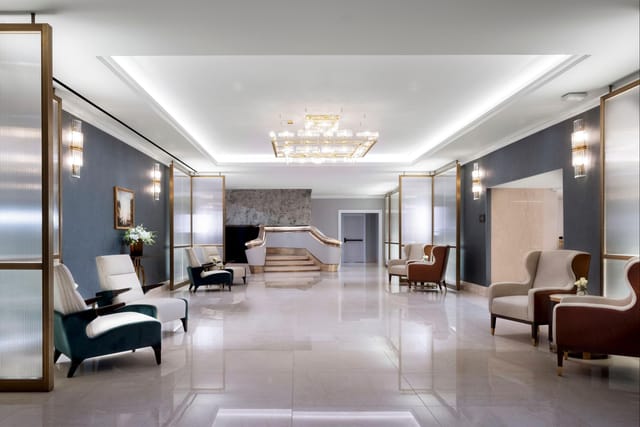 Elegant lobby at The Langham, Boston, ideal for meetings and networking events.