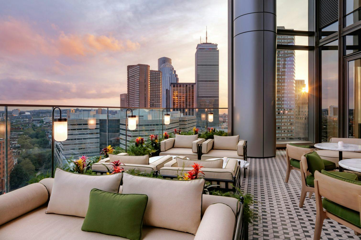 Rooftop private dining area at Raffles Boston, ideal for upscale events and gatherings.