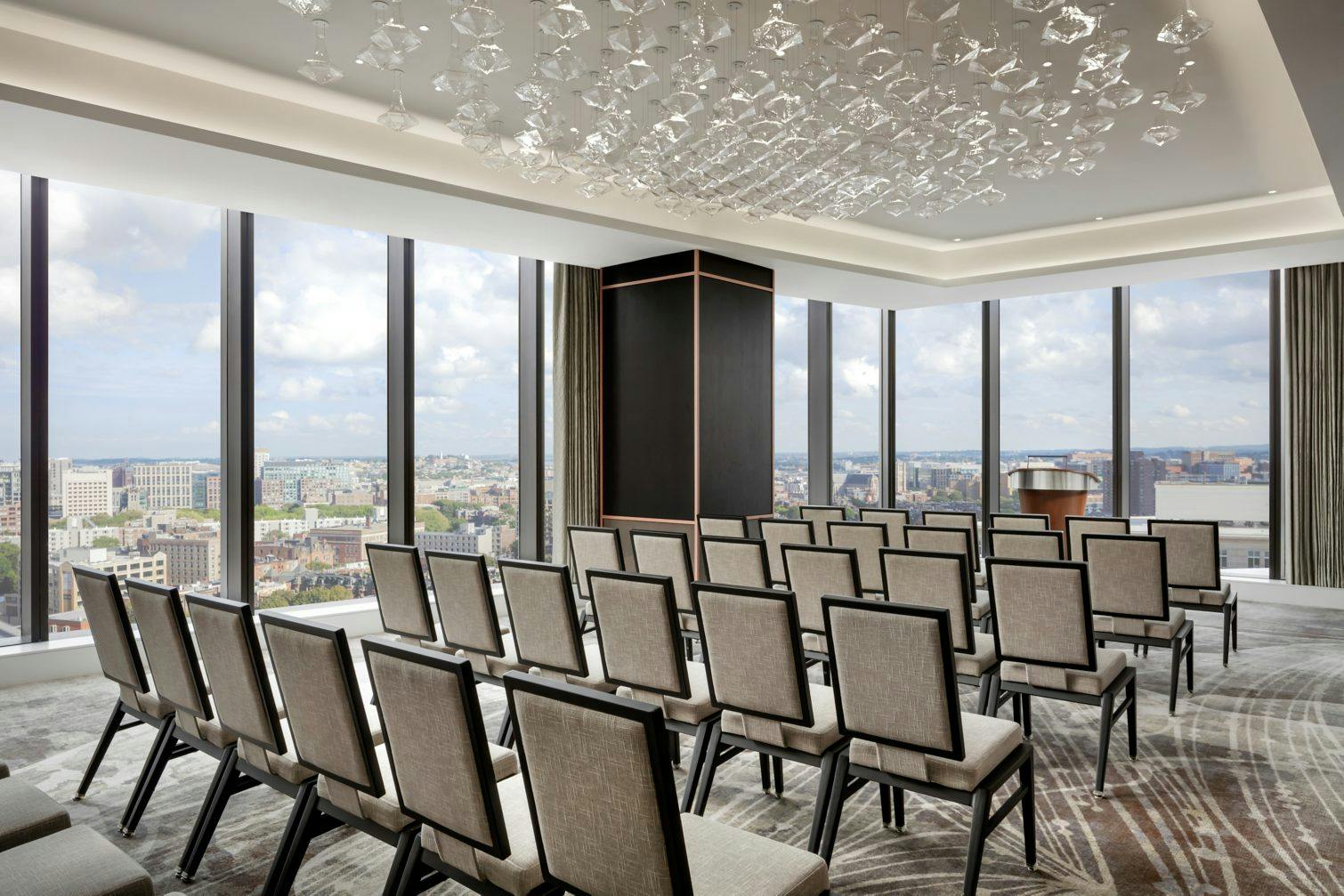 Raffles Ballroom in Boston: modern event space with panoramic windows for corporate meetings.