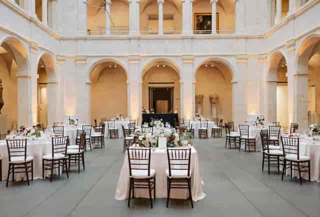 Adolphus Busch Hall event space with elegant tables, perfect for weddings and gatherings.