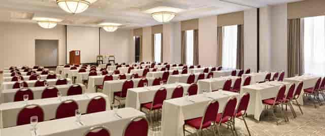 Event space at Hilton Boston Logan with bright setup for conferences and workshops.