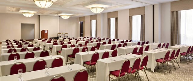 Event space at Hilton Boston Logan with bright setup for conferences and workshops.