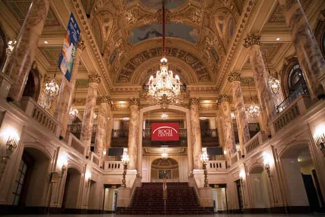 Wang Theatre Lower Lobby with ornate chandeliers, perfect for elegant receptions and galas.