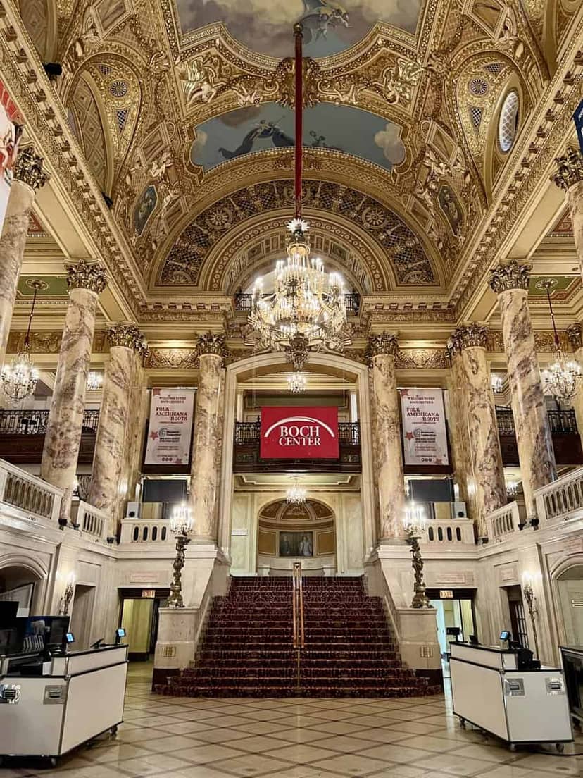 Wang Theatre Lower Lobby at Boch Center, elegant chandeliers, event venue, receptions.