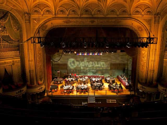 Elegant balcony event space in Orpheum Theatre, Los Angeles, perfect for corporate gatherings.