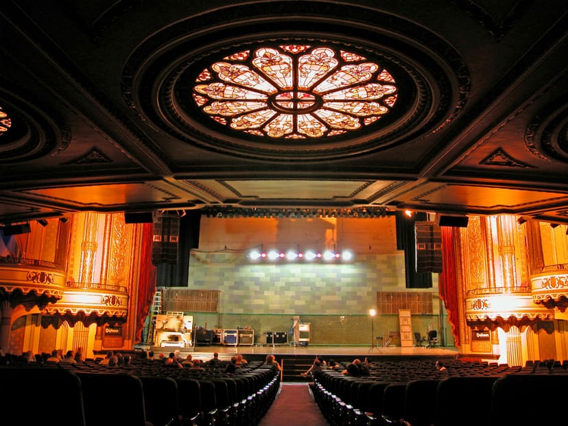 Orpheum Theatre stage with ornate ceiling, perfect for conferences and performances.