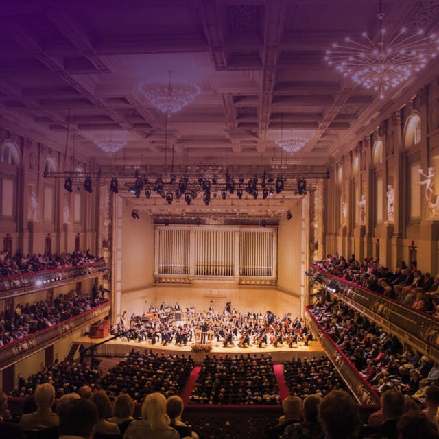 Elegant concert hall with orchestra, ideal for high-profile events and performances.