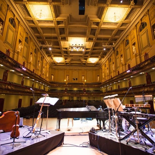 Elegant concert hall with spacious stage, ideal for live performances and events.
