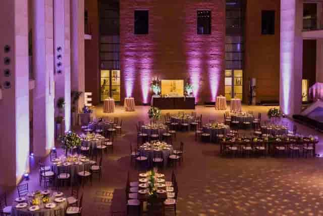 Morse Auditorium event space with elegant tables, perfect for weddings and corporate gatherings.