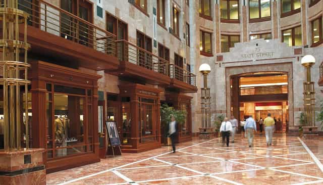State Street Corporation Lobby, elegant atrium with marble floors, ideal for networking events.