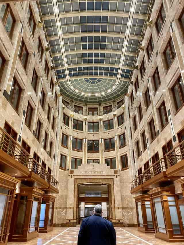 State Street Corporation Lobby with glass dome, ideal for conferences and gala dinners.
