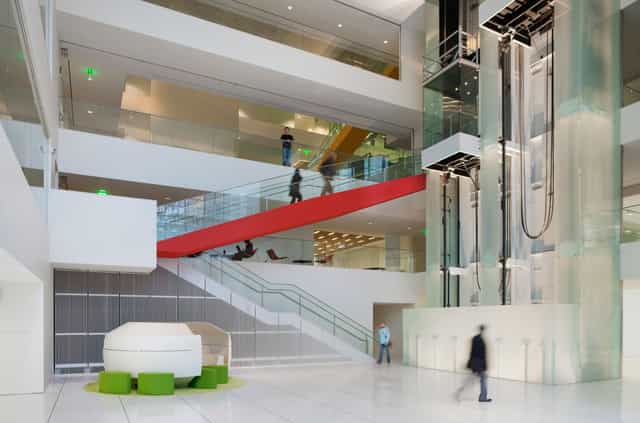 Modern atrium in MIT Media Lab, ideal for events and presentations.