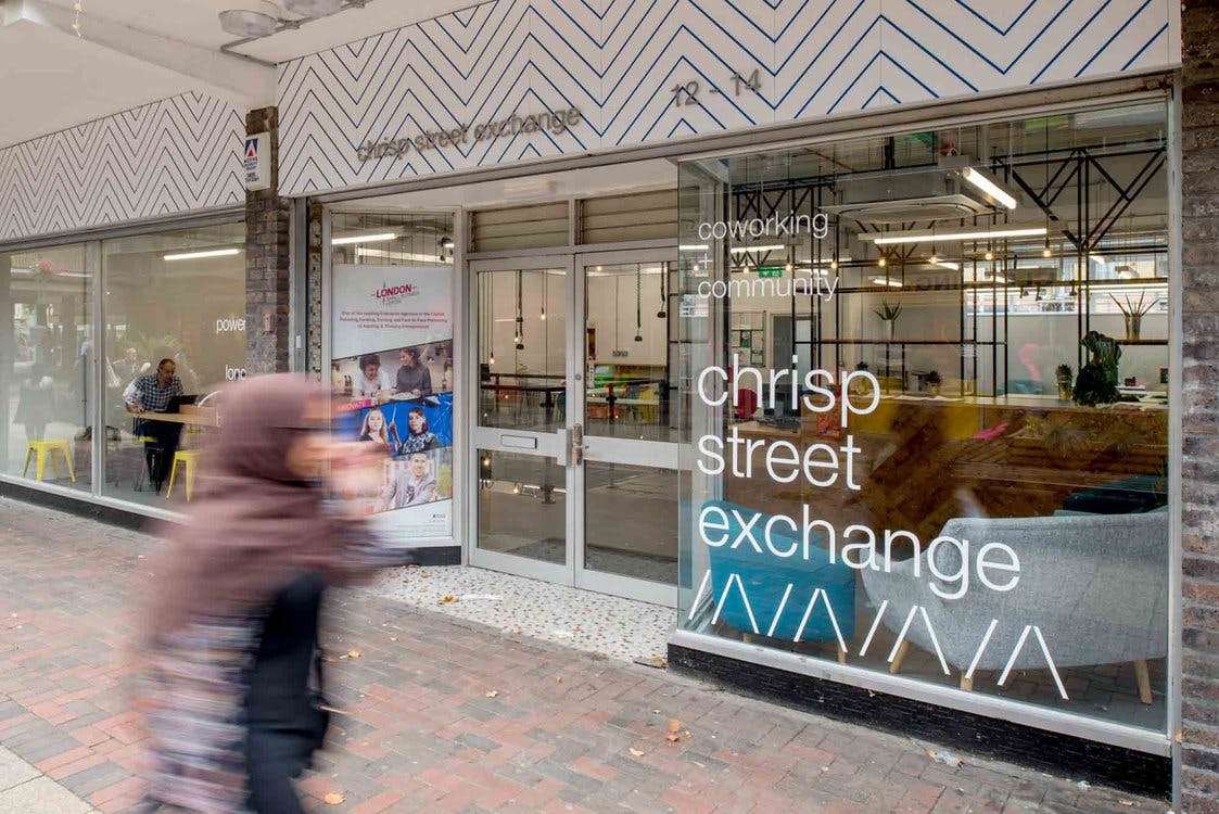 Modern coworking space at Chrisp Street Exchange, ideal for meetings and events.