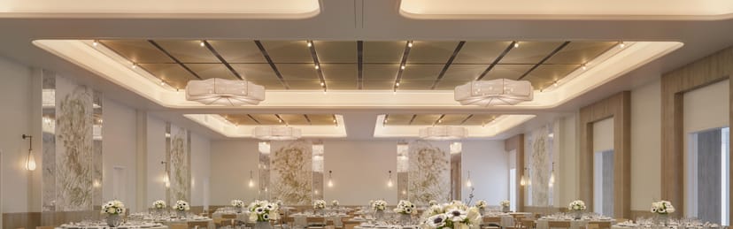 Elegant Banquet Hall at Hotel Indigo with modern decor for corporate and social events.