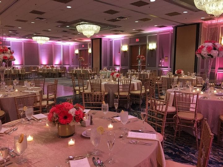 Grand Ballroom at Boston Marriott Newton, elegant tables for gala or formal dinner.