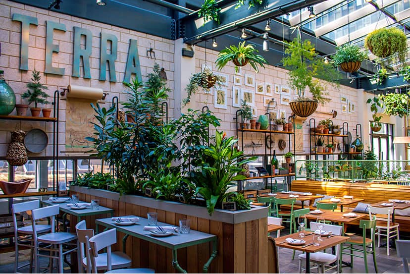 Vibrant Eataly Boston restaurant with greenery, perfect for events and gatherings.