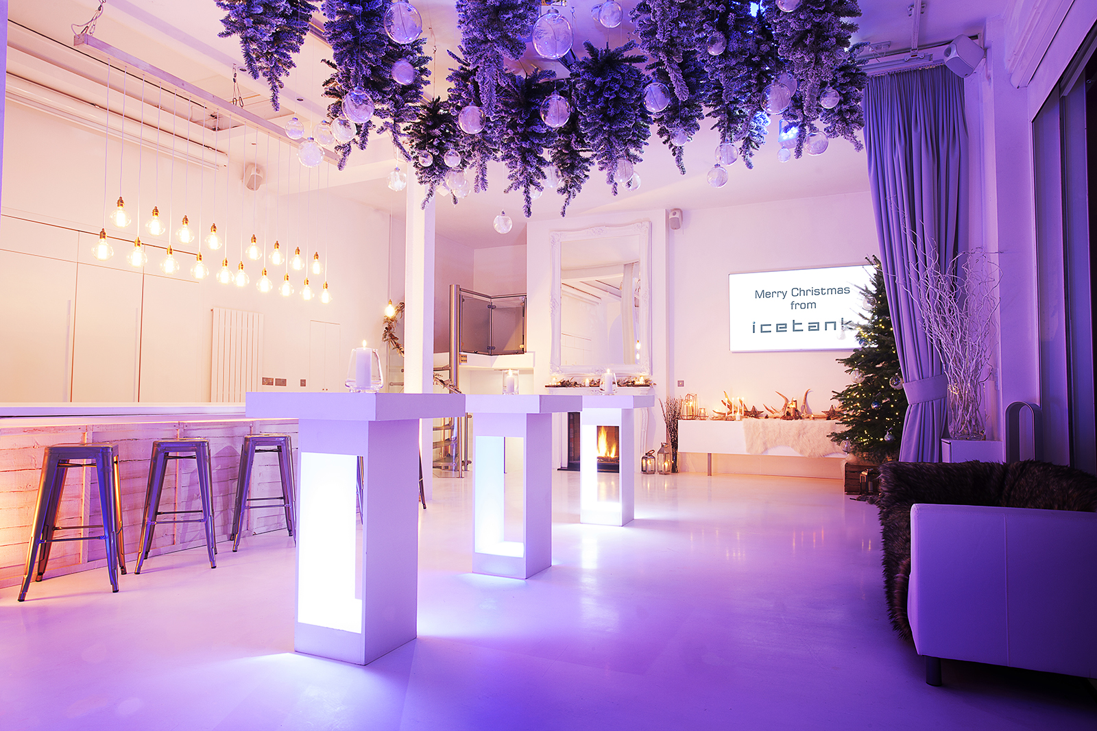 Modern event space with sleek decor for Christmas parties and corporate gatherings. - Banner