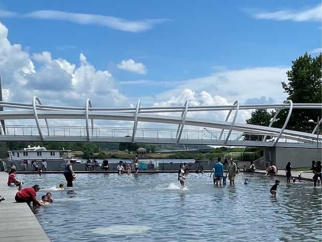 Yards Park Plaza with shallow pool, ideal for summer events and community gatherings.