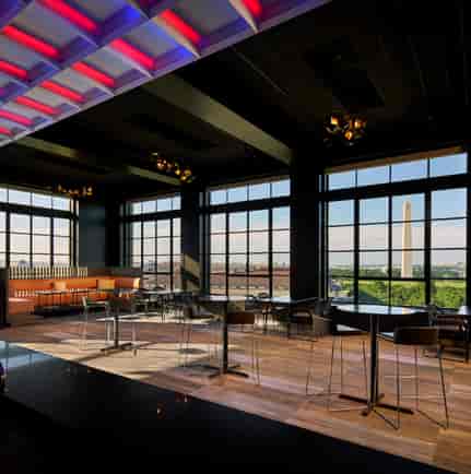 Modern event space at VUE Rooftop DC with views of the Washington Monument for receptions.