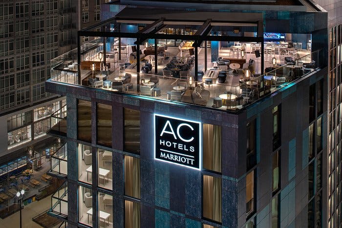 Modern rooftop lounge at AC Hotel DC, ideal for upscale events with city skyline views.