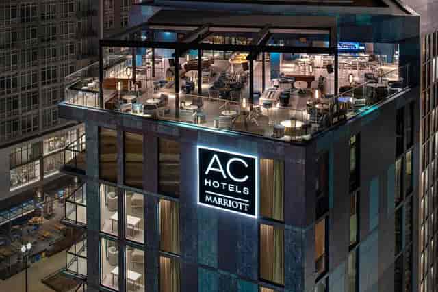 Modern rooftop lounge at AC Hotel DC, ideal for upscale events with city skyline views.
