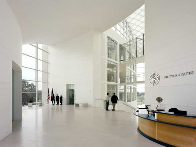 Modern event space lobby at US Institute of Peace, ideal for corporate meetings and gatherings.
