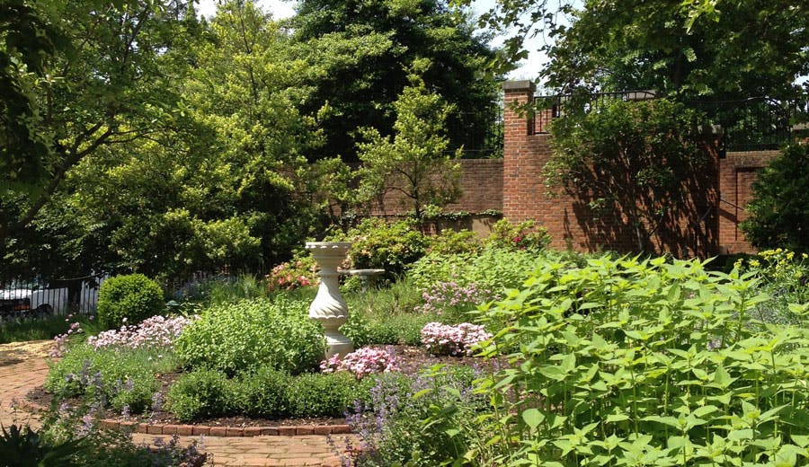 North Garden at Dumbarton House with fountain, ideal for weddings and outdoor events.