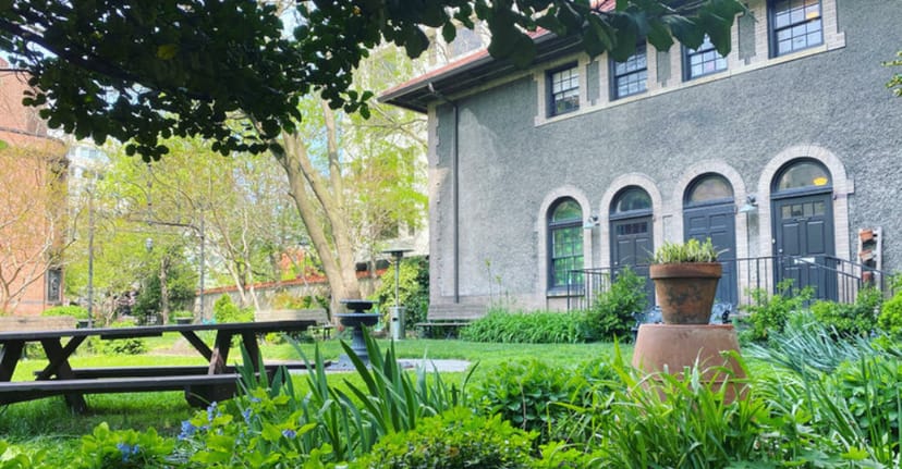 Biergarten at Heurich House Museum, lush garden for casual meetings and events.