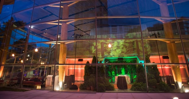 Molly Smith Lower Lobby at Arena Stage, modern event space with glass walls, ideal for receptions.