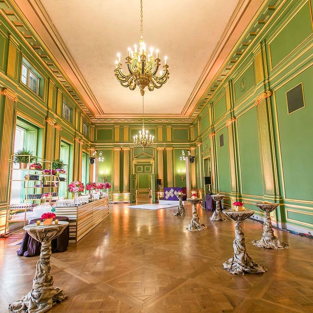Elegant Green & Gold Room in Mellon Auditorium, perfect for weddings and corporate events.