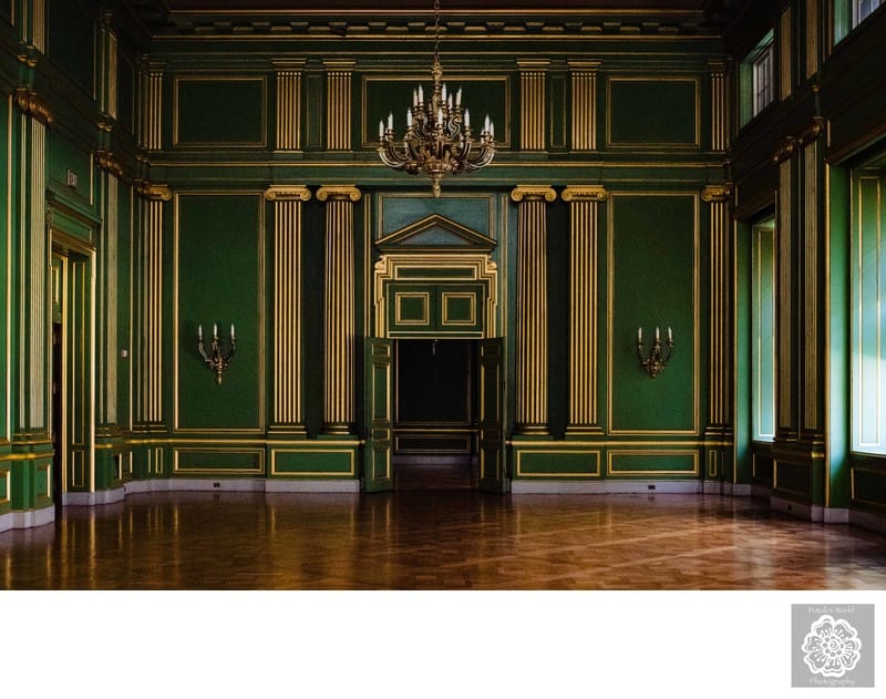Elegant Green & Gold Room in Mellon Auditorium, perfect for galas and corporate events.