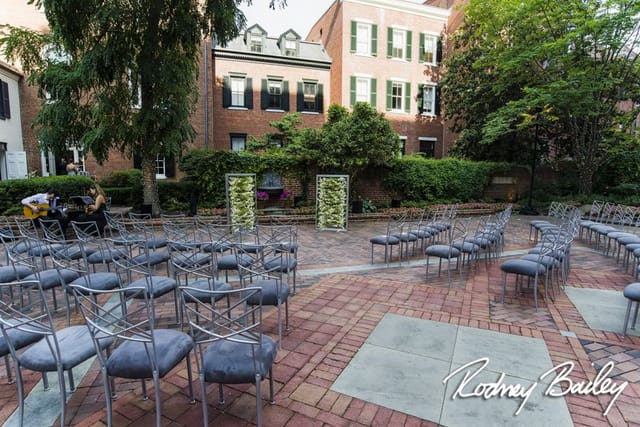 Courtyard in Decatur House with elegant chairs, perfect for weddings and events.