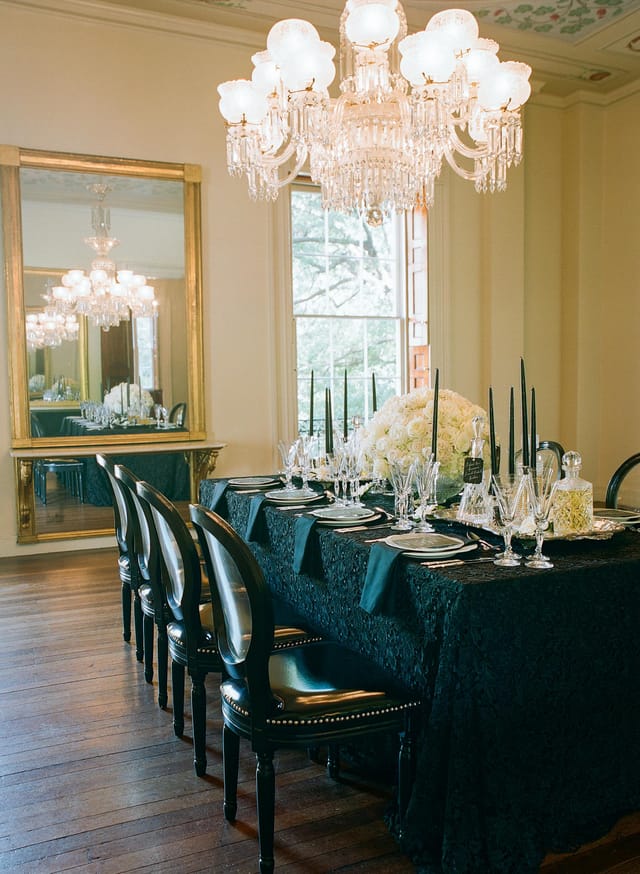 Elegant dining table with black lace, perfect for upscale events in Decatur House.